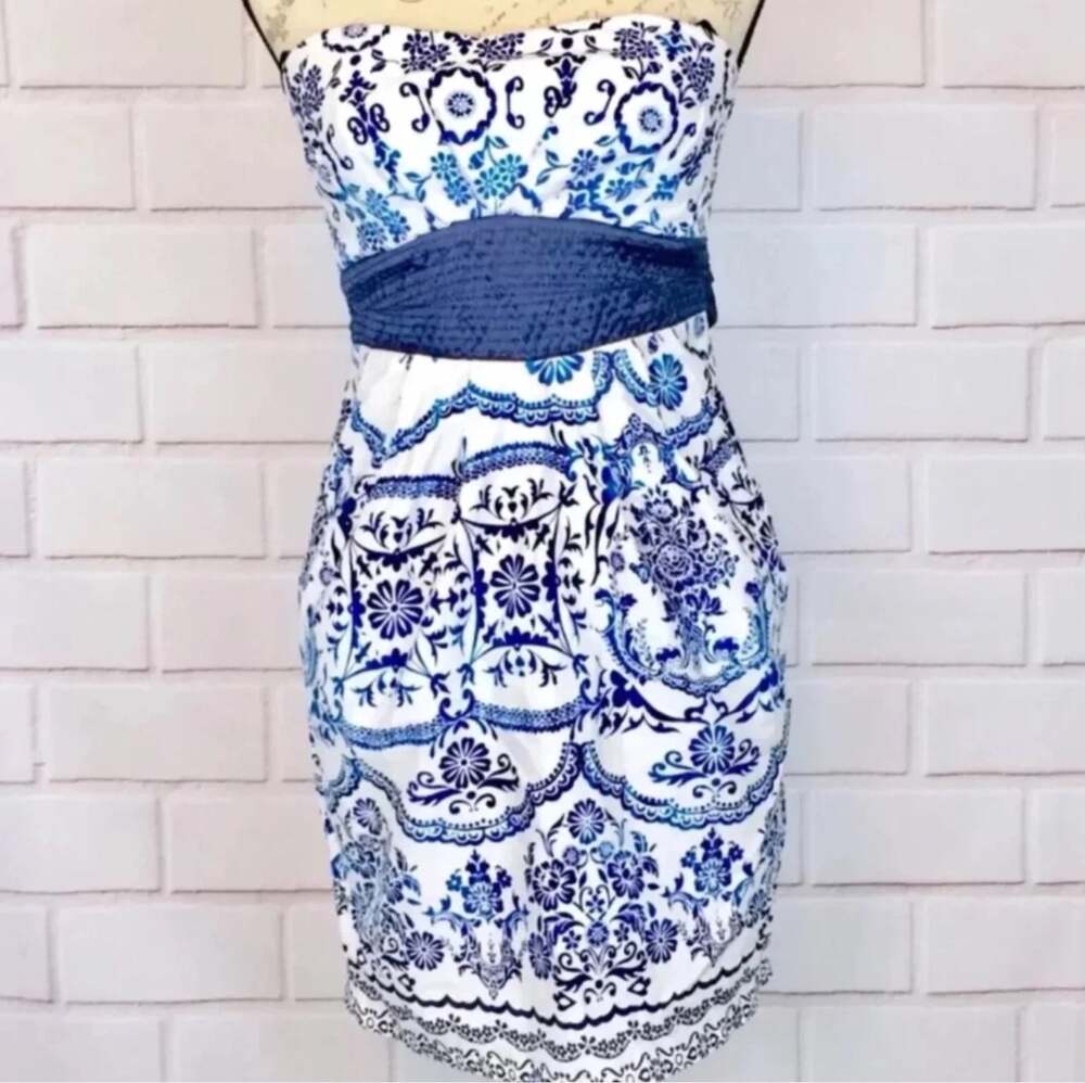 Love Tease Blue Print Strapless Dress EUC